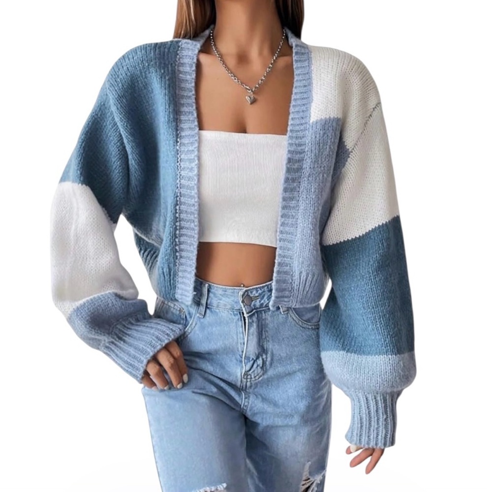 Blue and White Colorblock Open Front Cardigan